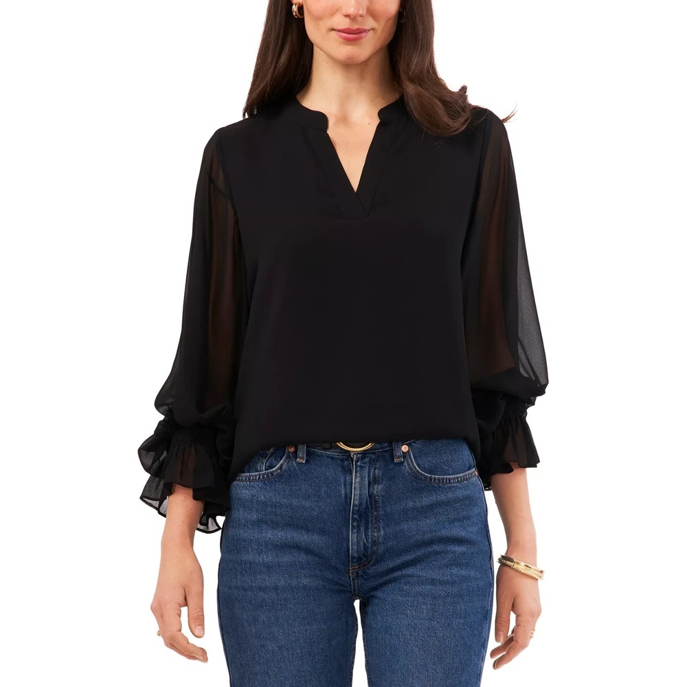Vince Camuto Women's Split-Neck Long-Sleeve Top Rich Black Size XL